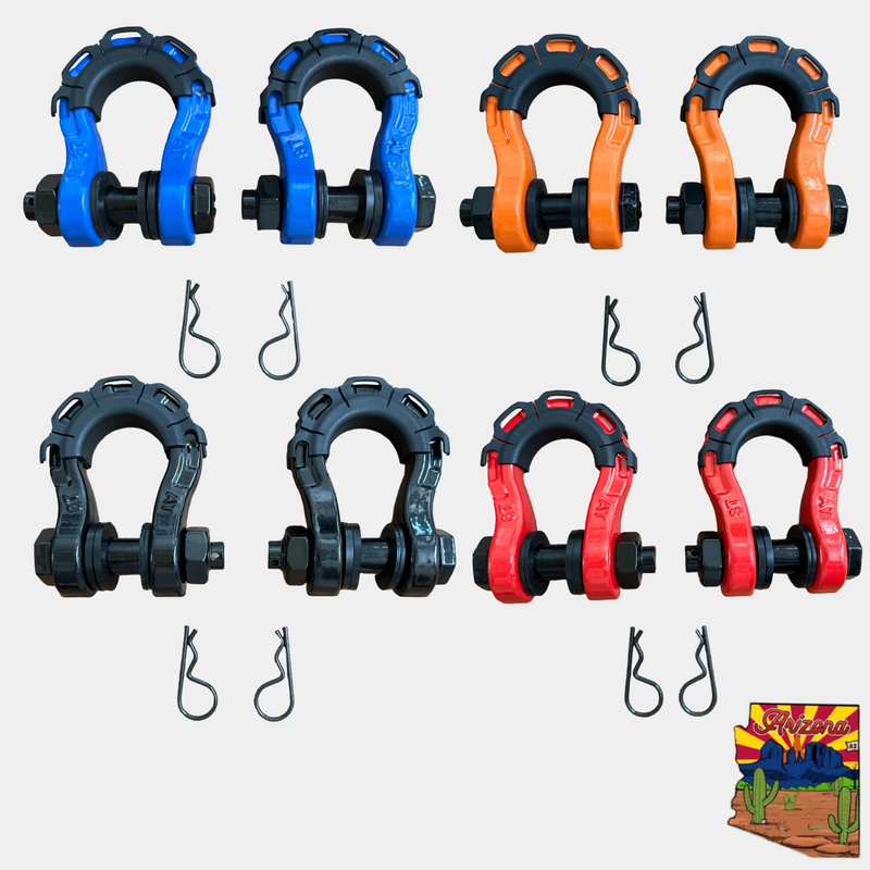 Set of 3/4” forged steel D-shackles in blue, orange, black, and red with rubber isolators and R-clips for secure vehicle recovery operations