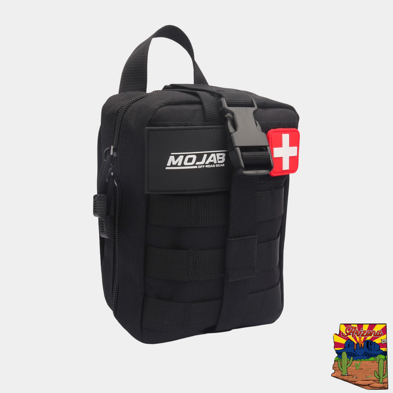 Compact black tactical first aid kit pouch with MOLLE webbing, Velcro patch, and red cross emblem for emergency medical supplies.