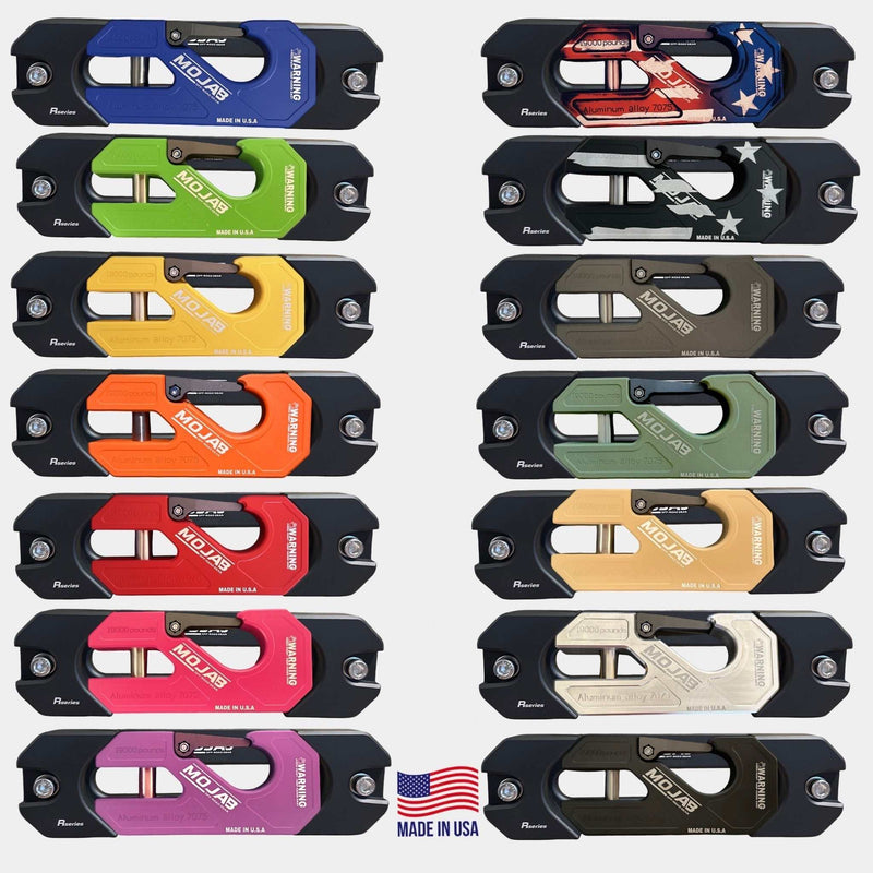 Set of colorful Aluminum Recessed Winch Shackles with Fairlead Kits featuring closed latches and American-made durability