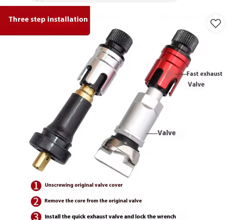 Quick Offroad Tire Deflation Valve set showing original valve, quick exhaust valve, and installation steps for rapid tire pressure adjustment.