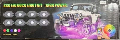 RGBW Rock Lights 8 pack off-road LED lighting kit with smartphone control and multiple color options displayed with off-road vehicle and color wheel.