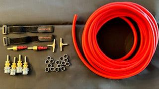 DIY 4 tire inflation and deflation system kit with red air hose, air chucks, digital gauge, clamps, and fittings