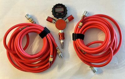 High-quality 4 tire inflation and deflation system with pressure gauge and 1/4” red hoses for trucks with carrying bag.