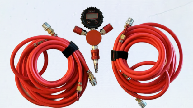 T-144 4 tire inflation and deflation system with red hoses and pressure gauge for SUVs and off-road vehicles.