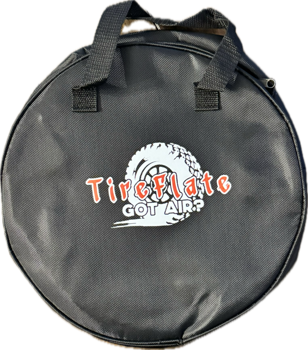 Black round carrying case for DIY 4 tire inflation and deflation system with TireFlate Got Air logo